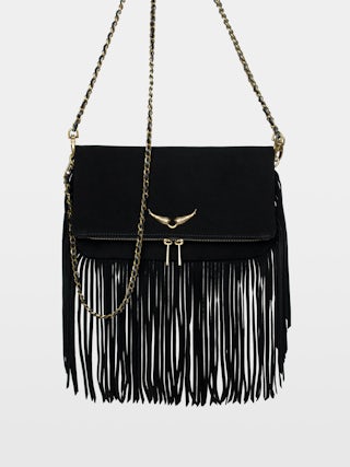 Bolso de mano Rock Suede Fringes - Bolso de mano de ante con doble cadena de cuero y metal y alas adornadas con strass.