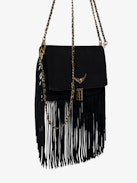 Pochette Rock Suede Fringes - Pochette en suede à double chaîne cuir et métal et ailes ornées de strass.