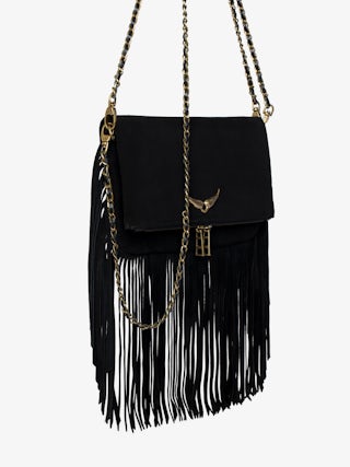 Rock Suede Fringes Clutch - clutch in suede with double leather and metal chain and wings adorned with rhinestones.