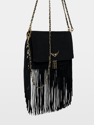 Bolso de mano Rock Suede Fringes - Bolso de mano de ante con doble cadena de cuero y metal y alas adornadas con strass.