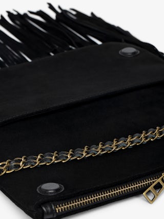 Rock Suede Fringes Clutch - clutch in suede with double leather and metal chain and wings adorned with rhinestones.