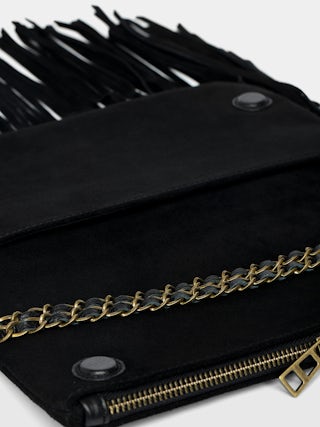 Bolso de mano Rock Suede Fringes - Bolso de mano de ante con doble cadena de cuero y metal y alas adornadas con strass.