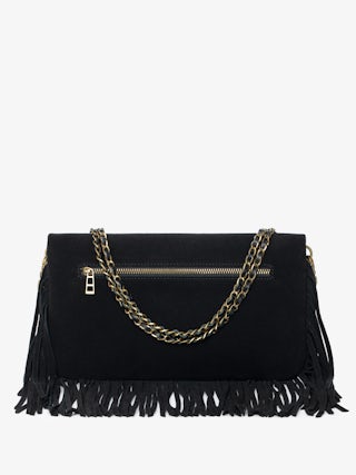 Rock Suede Fringes Clutch - clutch in suede with double leather and metal chain and wings adorned with rhinestones.