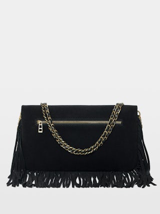 Bolso de mano Rock Suede Fringes - Bolso de mano de ante con doble cadena de cuero y metal y alas adornadas con strass.