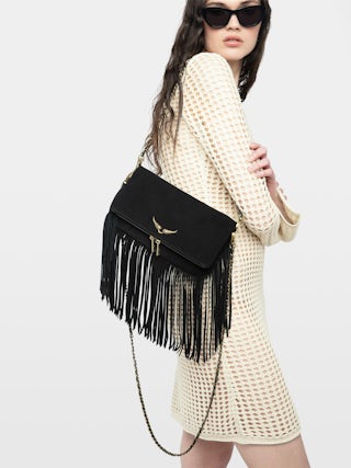 Bolso de mano Rock Suede Fringes - Bolso de mano de ante con doble cadena de cuero y metal y alas adornadas con strass.