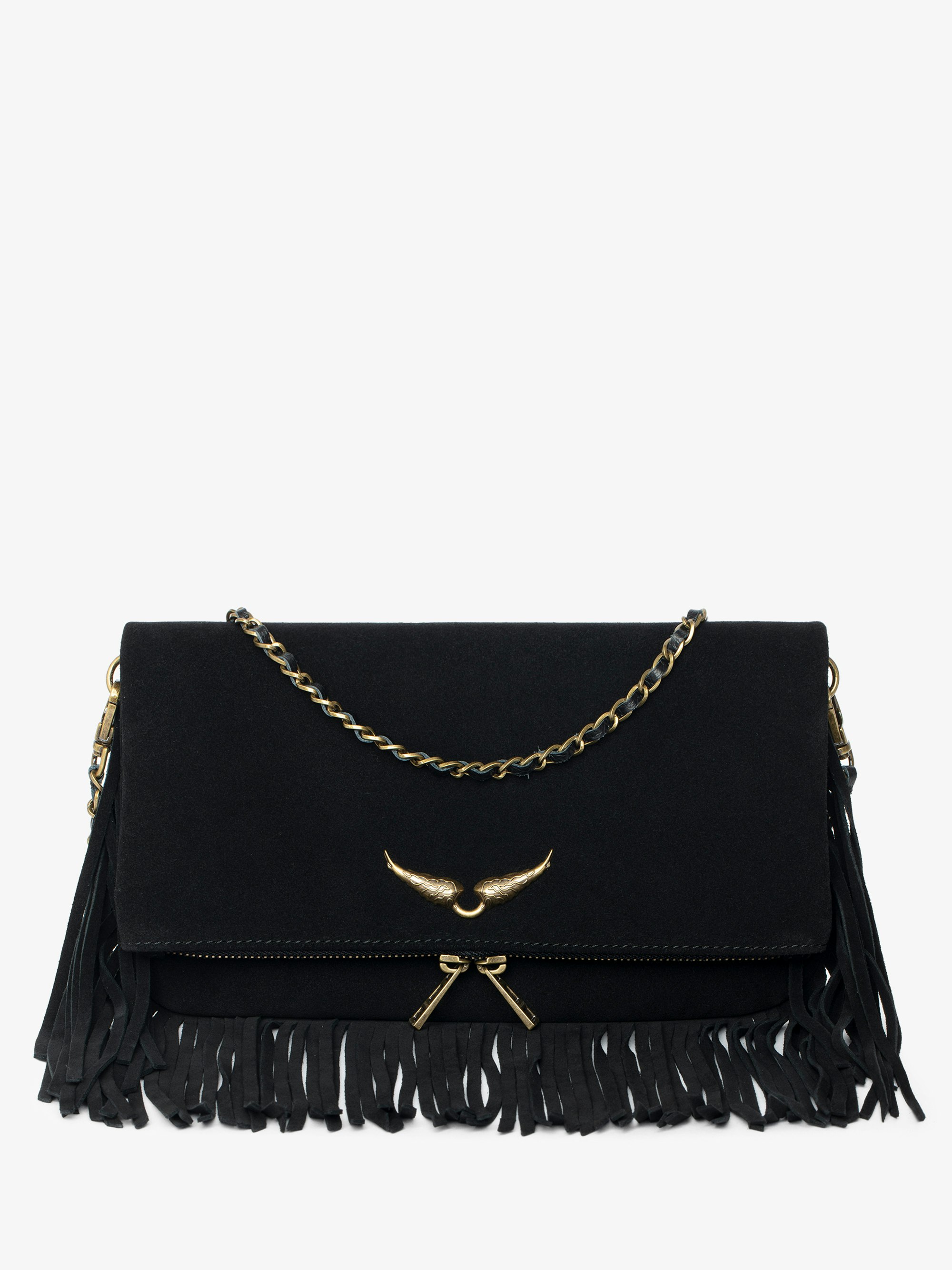 Rock Suede Fringes Clutch - clutch in suede with double leather and metal chain and wings adorned with rhinestones.