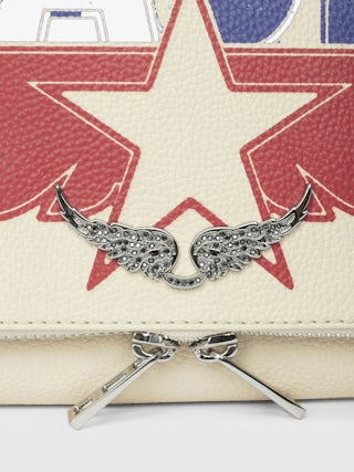 Rock America Clutch - Grained leather clutch with double leather and metal chain and rhinestone-embellished wings.