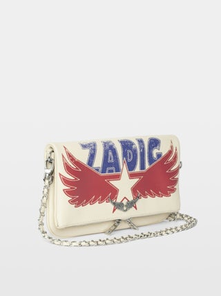 Rock America Clutch - Grained leather clutch with double leather and metal chain and rhinestone-embellished wings.