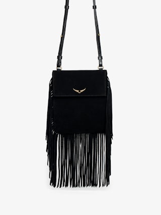 Rockson Nano Suede Clutch - Suede clutch with signature wings and shoulder strap.