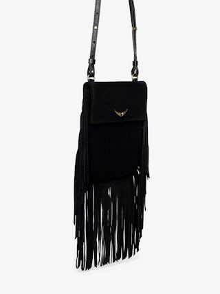 Rockson Nano Suede Clutch - Suede clutch with signature wings and shoulder strap.