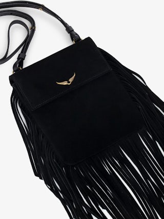 Rockson Nano Suede Clutch - Suede clutch with signature wings and shoulder strap.