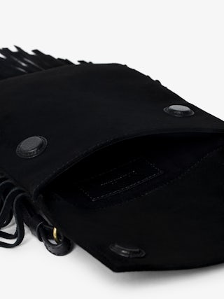 Rockson Nano Suede Clutch - Suede clutch with signature wings and shoulder strap.