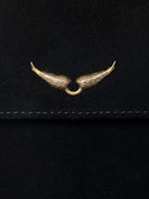 Rockson Nano Suede Clutch - Suede clutch with signature wings and shoulder strap.
