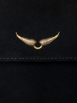 Rockson Nano Suede Clutch - Suede clutch with signature wings and shoulder strap.