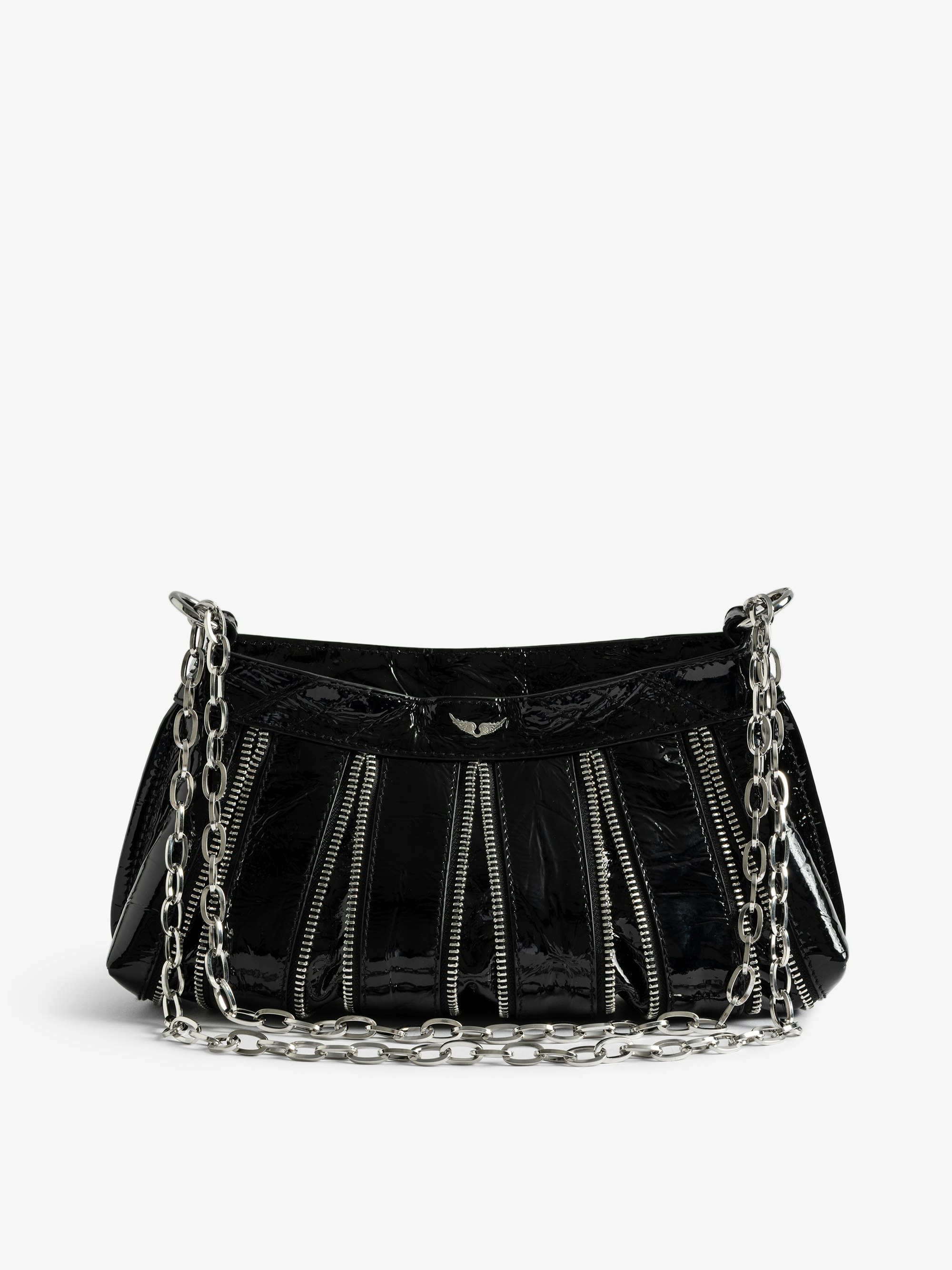 Sunny Mood Zip Tasche - Kleine Tasche mit mehrfachem Reißverschluss aus Lackleder mit Knittereffekt, verstellbare Kette und Signature-Flügeln.