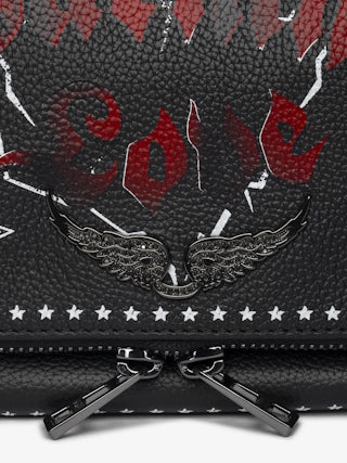 Rock Punk Clutch - Punk grained leather clutch with double leather and metal chain and rhinestone-embellished wings.