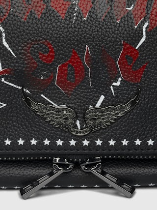 Rock Punk Clutch - Punk grained leather clutch with double leather and metal chain and rhinestone-embellished wings.