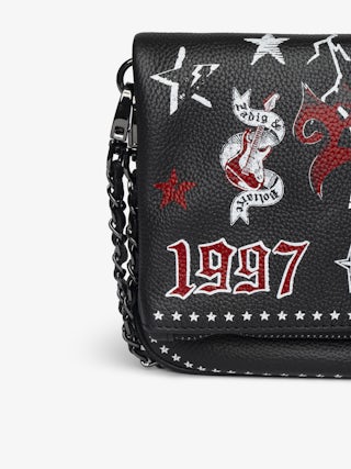 Rock Punk Clutch - Punk grained leather clutch with double leather and metal chain and rhinestone-embellished wings.