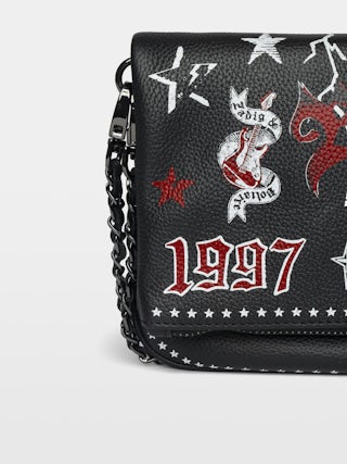 Rock Punk Clutch - Punk grained leather clutch with double leather and metal chain and rhinestone-embellished wings.