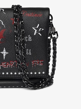 Rock Punk Clutch - Punk grained leather clutch with double leather and metal chain and rhinestone-embellished wings.