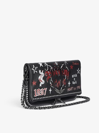 Rock Punk Clutch - Punk grained leather clutch with double leather and metal chain and rhinestone-embellished wings.