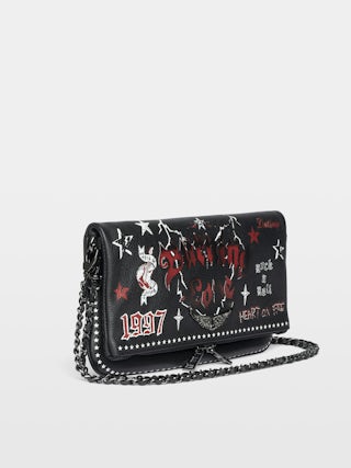 Rock Punk Clutch - Punk grained leather clutch with double leather and metal chain and rhinestone-embellished wings.