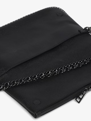 Rock Punk Clutch - Punk grained leather clutch with double leather and metal chain and rhinestone-embellished wings.