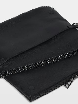 Rock Punk Clutch - Punk grained leather clutch with double leather and metal chain and rhinestone-embellished wings.