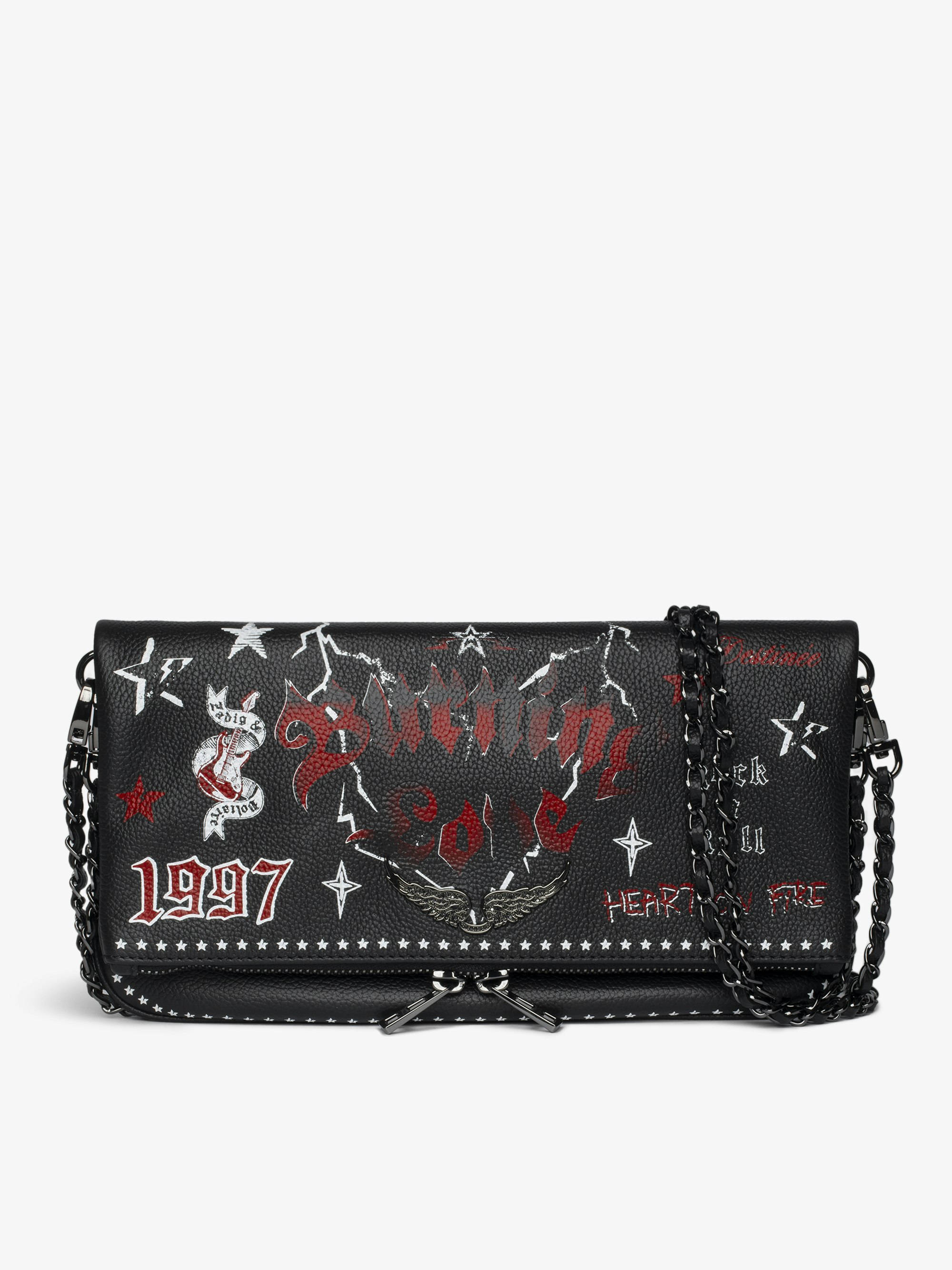 Rock Punk Clutch - Punk grained leather clutch with double leather and metal chain and rhinestone-embellished wings.