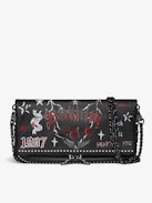 Pochette Rock Punk - Pochette in pelle martellata punk con doppia catena in pelle e metallo e ali ornate di strass.