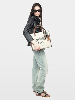 Angel Tote - Canvas and grained leather tote bag with double handles, shoulder strap and wing signature.