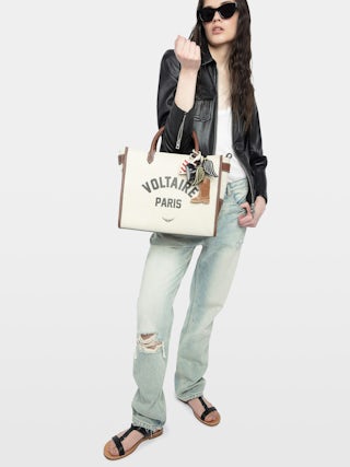 Angel Tote - Canvas and grained leather tote bag with double handles, shoulder strap and wing signature.