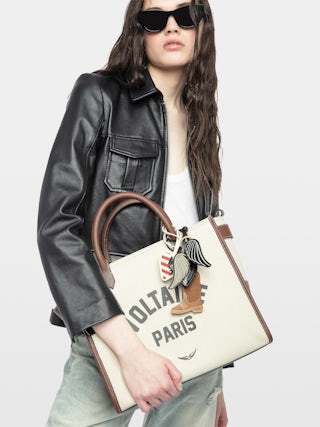 Angel Tote - Canvas and grained leather tote bag with double handles, shoulder strap and wing signature.