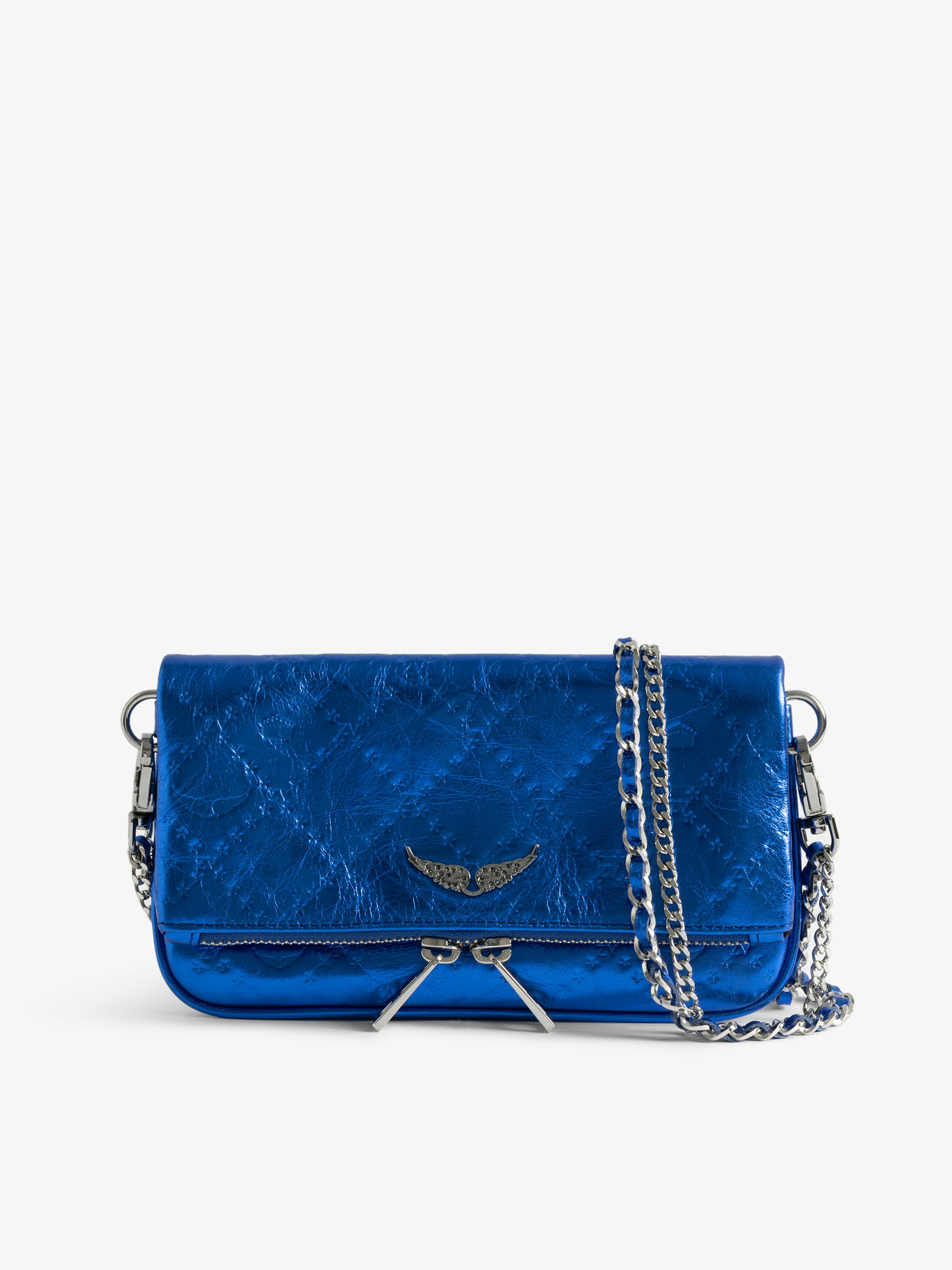 Rock Nano Monogram Clutch - Clutch in metallic leather with monogram animation, double leather and metal chains and strass-embellished wings.