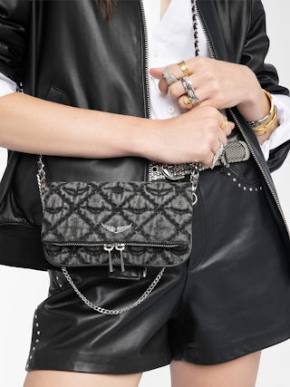 Rock Nano Monogram Clutch - Clutch in monogram denim with double leather and metal chains and rhinestone-embellished wings.