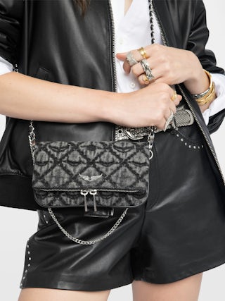 Rock Nano Monogram Clutch - Clutch in monogram denim with double leather and metal chains and rhinestone-embellished wings.