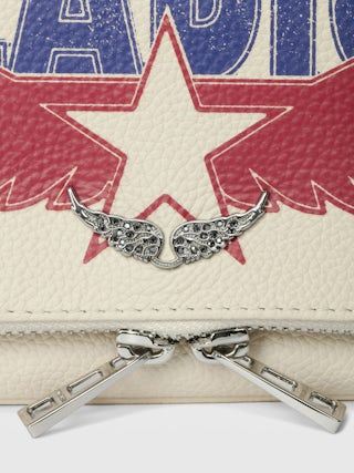 Rock Nano Clutch - Grained leather pochette with double leather and metal chains and rhinestone-embellished wings.