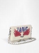 Rock Nano Clutch - Grained leather pochette with double leather and metal chains and rhinestone-embellished wings.