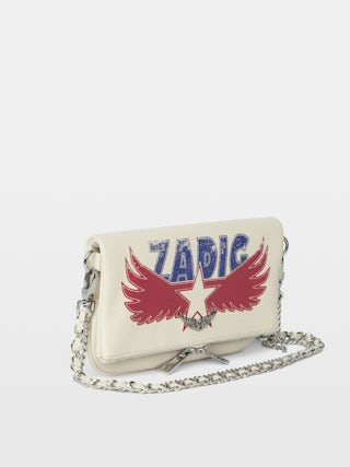 Rock Nano Clutch - Grained leather pochette with double leather and metal chains and rhinestone-embellished wings.