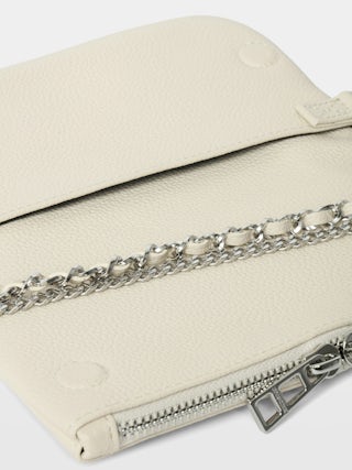Rock Nano Clutch - Grained leather pochette with double leather and metal chains and rhinestone-embellished wings.