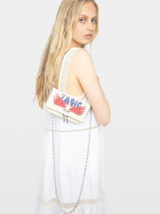 Rock Nano Clutch - Grained leather pochette with double leather and metal chains and rhinestone-embellished wings.