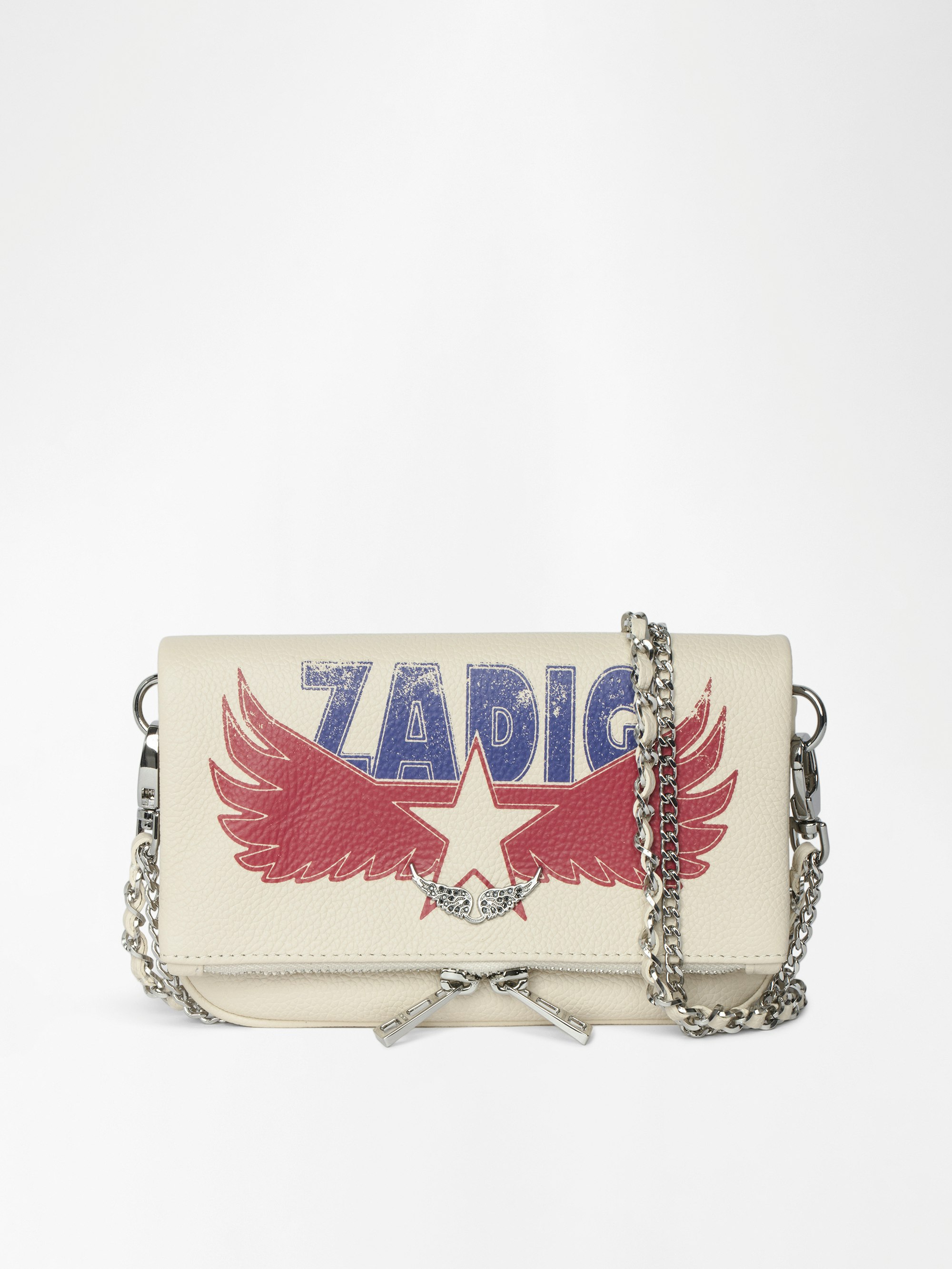Rock Nano America Clutch - Grained leather clutch with double leather and metal chains and rhinestone-embellished wings.