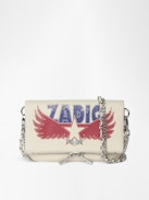 Rock Nano Clutch - Grained leather pochette with double leather and metal chains and rhinestone-embellished wings.