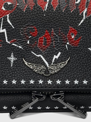 Rock Nano Punk Clutch - Punk grained leather clutch with double leather and metal chains and rhinestone-embellished wings.