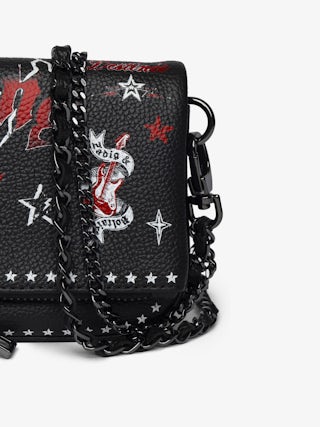 Rock Nano Punk Clutch - Punk grained leather clutch with double leather and metal chains and rhinestone-embellished wings.