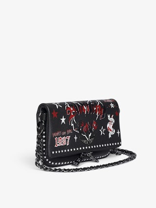 Rock Nano Punk Clutch - Punk grained leather clutch with double leather and metal chains and rhinestone-embellished wings.