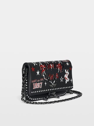 Rock Nano Punk Clutch - Punk grained leather clutch with double leather and metal chains and rhinestone-embellished wings.