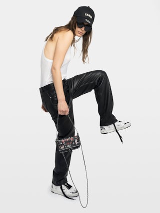 Rock Nano Punk Clutch - Punk grained leather clutch with double leather and metal chains and rhinestone-embellished wings.