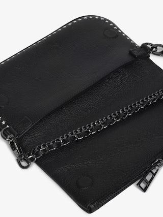 Rock Nano Punk Clutch - Punk grained leather clutch with double leather and metal chains and rhinestone-embellished wings.