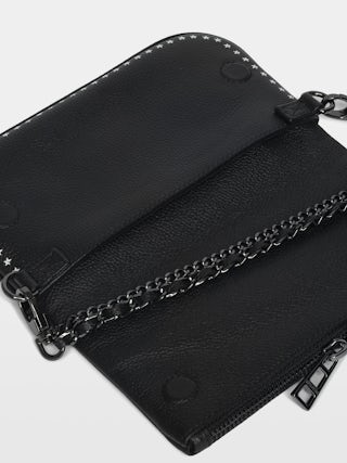 Rock Nano Punk Clutch - Punk grained leather clutch with double leather and metal chains and rhinestone-embellished wings.